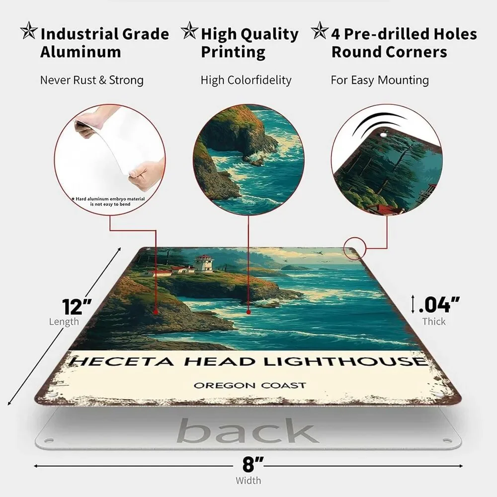 Heceta Head Lighthouse Oregon Metal Sign 8x12 Aluminum Wall Art Home Decor New